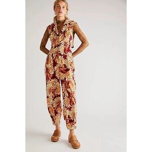 Free People Shasta Printed Cord Jumpsuit L Floral Burgundy Boho Festival Vibes